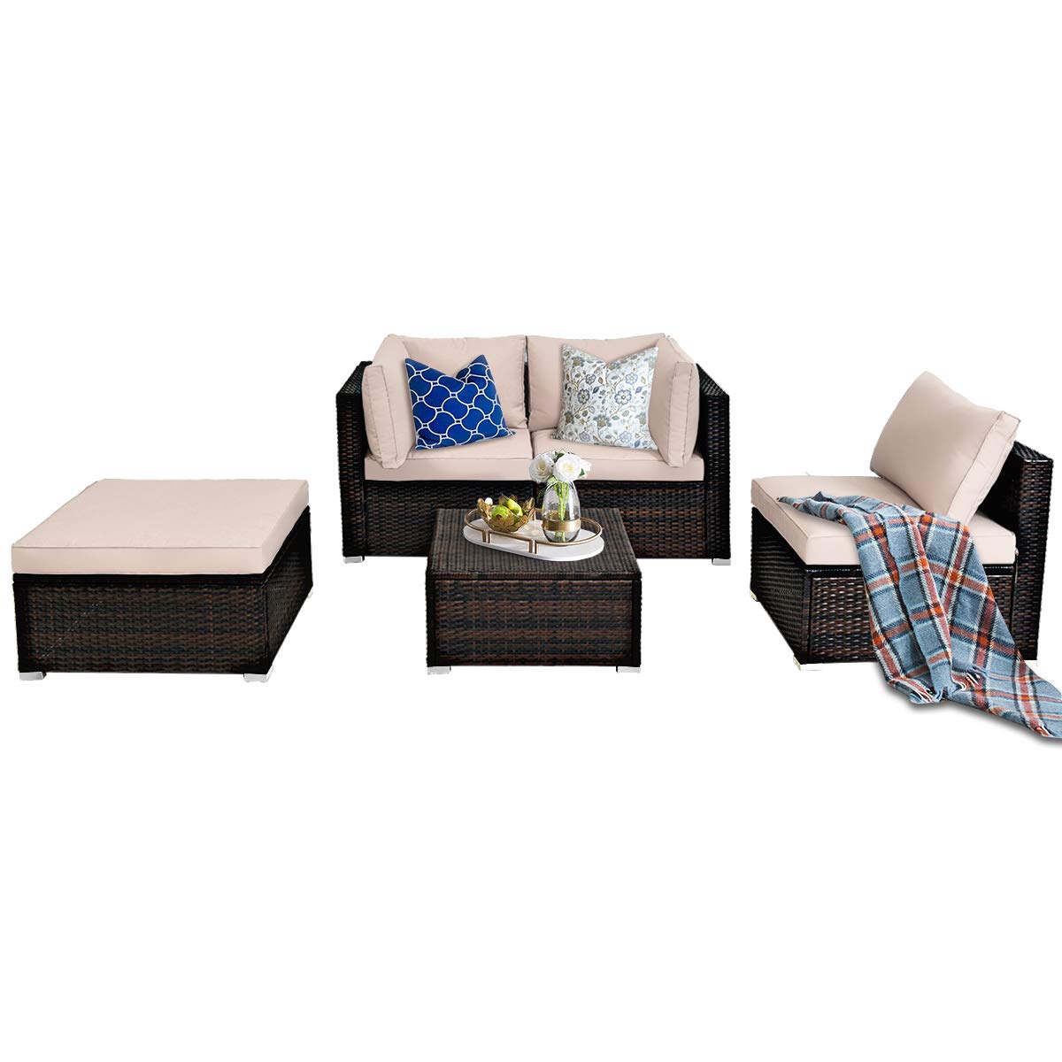 Ensemble de meubles de patio 5 pièces Tangkula, ensemble de canapé sectionnel en rotin d'extérieur avec coussins et table basse